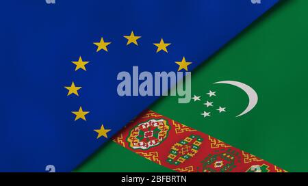 Zwei Staaten Flaggen der Europäischen Union und Turkmenistan. Qualitativ hochwertiger Hintergrund. 3d-Darstellung Stockfoto