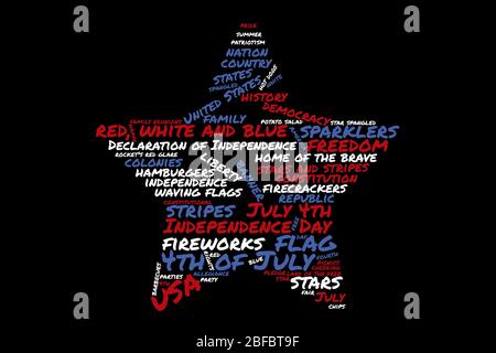 Tag Wolke Text Collage über den 4. Juli, rot weiß und blau auf schwarzem Hintergrund Stockfoto