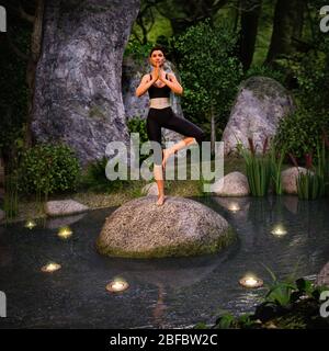 Eine attraktive fit junge Frau, die eine Yoga-Pose für die Lebensbalance und Stretching auf einem Felsen in der Mitte eines verzauberten Teich in einem Wald, 3d-Rendering Stockfoto