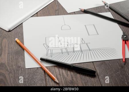 Moderne Wohnzimmer Skizze auf Papier Stockfoto