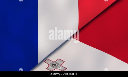 Zwei Staatsflaggen von Frankreich und Malta. Qualitativ hochwertiger Hintergrund. 3d-Darstellung Stockfoto