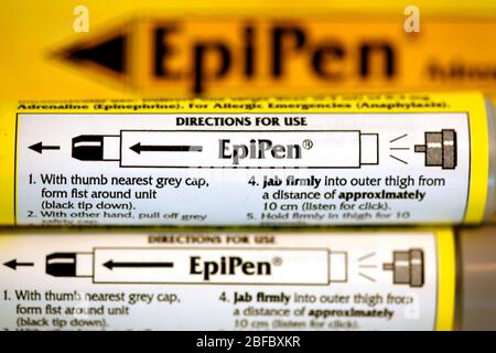 Zwei EpiPens, der am häufigsten verwendete Auto-Injektor von Adrenalin zur Behandlung von anaphylaktischen Schock. Sie werden häufig von Personen mit schwerer alle getragen Stockfoto