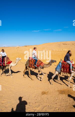 Eine Familie reitet Kamele im Gizeh Pyramid Complex, Gizeh, Ägypten. Stockfoto