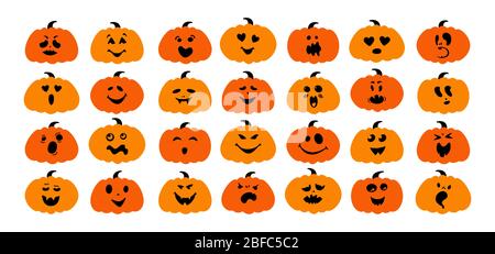 Lustige Kürbis mit Gesicht flach Zeichentrickset. Halloween-Kollektion niedliche und geisterhafte Monster, gruselige Kürbisse. Fröhliche gruselige oder lustige Comic-Figur. Viele Geister Halloween Konzept. Vektorgrafik Stock Vektor