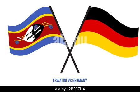 Eswatini und Deutschland Flaggen gekreuzt und winken Flat Style. Offizieller Anteil. Richtige Farben. Stockfoto