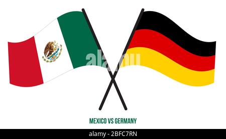 Mexiko und Deutschland Flaggen gekreuzt und winken Flat Style. Offizieller Anteil. Richtige Farben. Stockfoto