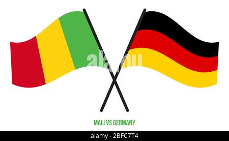 Mali und Deutschland Flaggen gekreuzt und winken Flat Style. Offizieller Anteil. Richtige Farben. Stockfoto