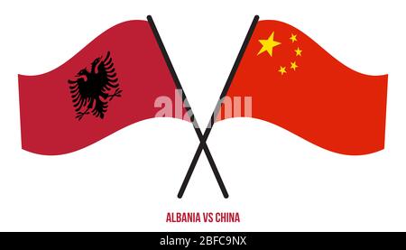 Albanien und China Flaggen gekreuzt und winken Flat Style. Offizieller Anteil. Richtige Farben. Stockfoto