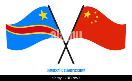 Demokratische Kongo und China Flaggen gekreuzt & winken Flat Style. Offizieller Anteil. Richtige Farben. Stockfoto