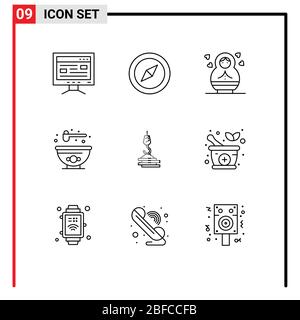 Piktogramm-Set von 9 einfachen Umrissen von Haken, Bau, Kind, Gebäude, Lebensmittel editierbar Vektor Design-Elemente Stock Vektor