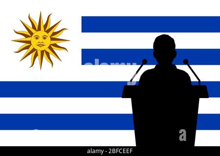 Redner Spricht Von Tribune Uruguay Flagge Hintergrund. Öffentliche Rede In Uruguay. Businessman Präsentation Konferenzkonzept. Stockfoto