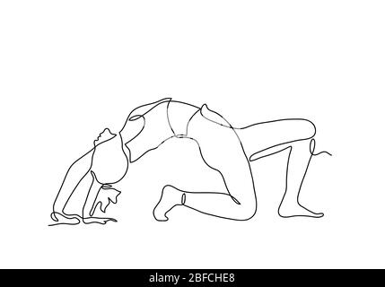 Kontinuierliche ein- oder einzeilige Zeichnung. Frau, die Übung in Yoga auf weißem Hintergrund isoliert., Stockfoto