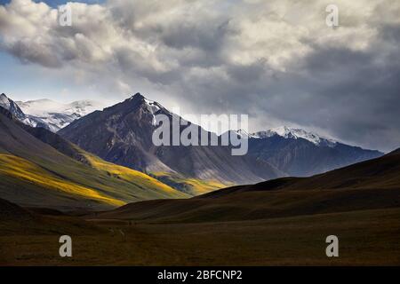 Die schöne Landschaft der schneebedeckten Berg im grünen Tal des Terskey Alatau in Kirgisistan Stockfoto