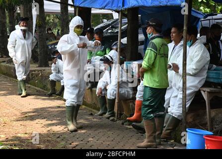 Jakarta, Jakarta, Indonesien. April 2020. Der Leichen-Bestattungsoffizier der Covit-19 erhielt am 17. April 2020 auf dem Friedhof Pondok Rangon die vollständige persönliche Schutzausrüstung (APD) von der kombinierten indonesischen Nationalpolizei und Armee. Insgesamt 61 Bestattungsbeamte erhalten offizielle persönliche Schutzausrüstung (APD), die sie zuvor verwendet wurden, waren bescheidene Schutzausrüstung, die nicht durch das Virus geschützt war. Kredit: Dasril Roszandi/ZUMA Wire/ZUMAPRESS.com/Alamy Live News Stockfoto