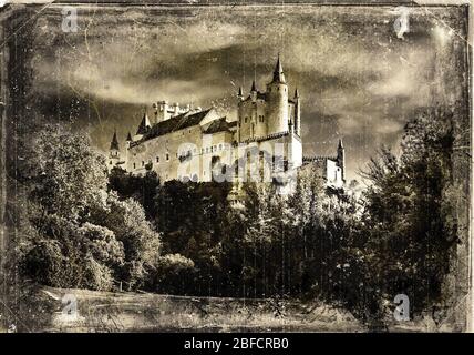 Blick auf die mittelalterliche Burg Alcazar, Segovia, Spanien - Vintage gemalte Stil Illustration Serie Stockfoto