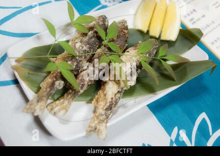 Iiyama, Es ist ein japanischer lokaler typischer Fisch namens 'iwana' frittiert gekocht. Stockfoto