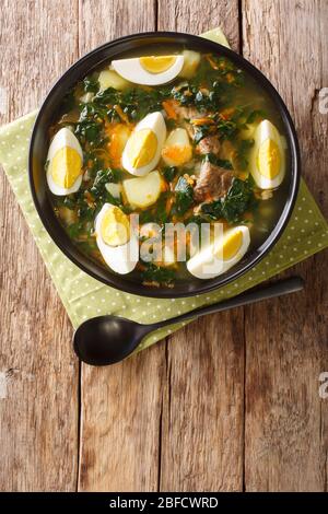 Hausgemachte grüne Suppe mit Fleisch, Spinat, Gemüse und Eiern in einer Schüssel auf dem Tisch. Vertikale Ansicht von oben Stockfoto