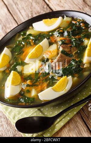 Spinatsuppe mit Fleisch, Gemüse und Eiern in einer Schüssel auf dem Tisch. Vertikal Stockfoto