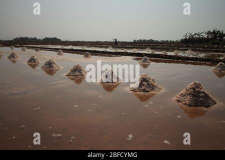 Salzfarmen oder Salzfelder der Kampot Provinz in Kambodscha während der Erntezeit, die die lokale Lebensgrundlage und Kultur der Menschen zeigt Stockfoto