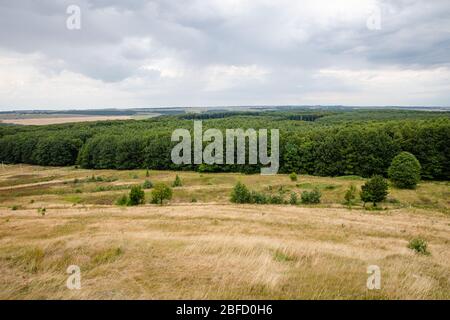 Landschaftlich schöne Aussicht auf grüne Sommerwälder in Pidkamin Dorf in der Ukraine Stockfoto