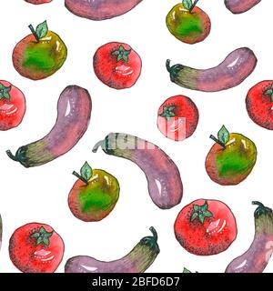 Gemüse Nahtloses Muster aus Aquarell mit Auberginen, Apfel und Tomate Stockfoto
