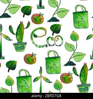 Gartenarbeit Aquarell Illustration Set. Öko Set mit Grünblättern, Buchstaben, Taschen, Pflanzen Stockfoto