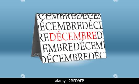 Ein Kalender für den Schreibtisch zeigt den französischen Monat Dezember (Dezember in englischer Sprache) Stockfoto
