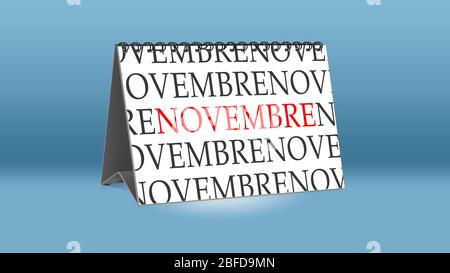 Ein Kalender für den Schreibtisch zeigt den französischen Monat November (November in englischer Sprache) Stockfoto