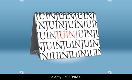 Ein Kalender für den Schreibtisch zeigt den französischen Monat Juin (Juni in englischer Sprache) Stockfoto