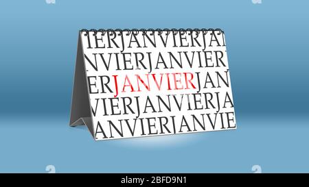 Ein Kalender für den Schreibtisch zeigt den französischen Monat Janvier (Januar in englischer Sprache) Stockfoto