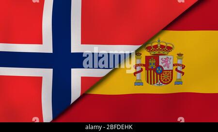 Zwei Staatsflaggen von Norwegen und Spanien. Qualitativ hochwertiger Hintergrund. 3d-Darstellung Stockfoto