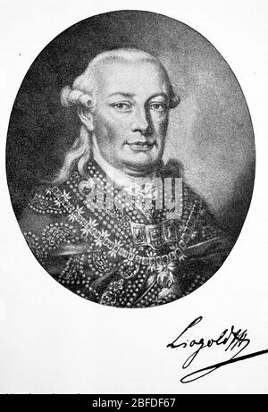 Leopold II., 5. Mai 1747 - 1. März 1792, war Erzherzog von Österreich aus dem Hause Habsburg-Lothringen, von 1765 bis 1790 (als Peter Leopold) Großherzog der Toskana und von 1790 bis 1792 Kaiser des Heiligen Römischen Reiches und König von Böhmen, Kroatien und Ungarn / Leopold II., 5. 1747. - 1. Mai. März 1792, war Erzherzog von Österreich aus dem Haus Habsburg-Lothringen, von 1765 bis 1790 (als Peter Leopold) Großherzog der Toskana sowie von 1790 bis 1792 Kaiser des Heiligen Römischen Reiches und König von Böhmen, Kroatien und Ungarn, historisch, historisch, digital verbesserte Reproduktion eines Original-Fr. Stockfoto