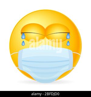 Emoticon trägt medizinische Maske auf weißem Hintergrund. Vektorgrafik. Stockfoto