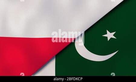 Zwei Staatsflaggen von Polen und Pakistan. Qualitativ hochwertiger Hintergrund. 3d-Darstellung Stockfoto