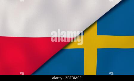 Zwei Staatsflaggen von Polen und Schweden. Qualitativ hochwertiger Hintergrund. 3d-Darstellung Stockfoto