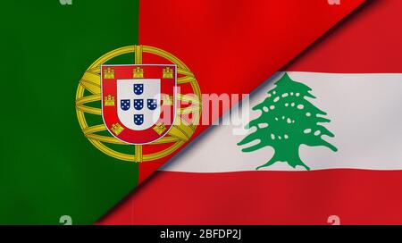 Zwei Staatsflaggen von Portugal und Libanon. Qualitativ hochwertiger Hintergrund. 3d-Darstellung Stockfoto
