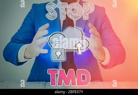 Konzeptionelle Handschrift zeigt Stop Tmd. Begriff Sinne verhindern, dass die Störung oder Problem bei der Kaumuskulatur Stockfoto