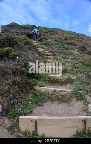 Eineinreisende Wandererin, die steile Holztreppen hinunter zur Fußgängerbrücke in der Nähe von Scrade Beach am South West Coast Path, North Cornwall, England, Großbritannien. Stockfoto