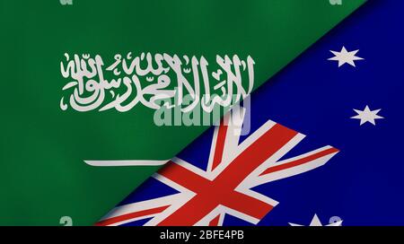 Zwei Staatsflaggen von Saudi-Arabien und Australien. Qualitativ hochwertiger Hintergrund. 3d-Darstellung Stockfoto