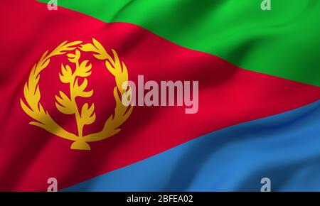 Flagge Eritreas weht im Wind. Ganze Seite Eritreische Flugflagge. 3D-Darstellung. Stockfoto