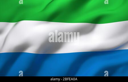 Flagge von Sierra Leone weht im Wind. Ganze Seite Sierra Leonean Flugflagge. 3D-Darstellung. Stockfoto