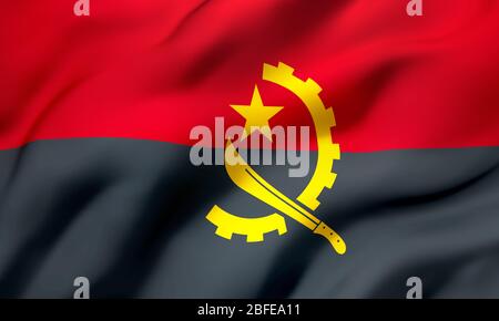 Flagge von Angola weht im Wind. Ganze Seite Angolanische Flagge. 3D-Darstellung. Stockfoto