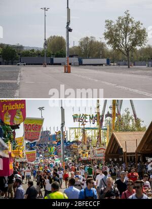 Stuttgart, Deutschland. April 2020. KOMBO - der Wasserpark in Stuttgart. Das Stuttgarter Frühlingsfest sollte am 18. April begonnen haben und wurde wegen der Corona Pandemie abgesagt. Die Wasengelände am 18. April 2020 (oben) und am 21. April 2018. Quelle: Marijan Murat/Sina Schuldt/dpa/Alamy Live News Stockfoto