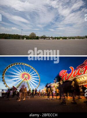 Stuttgart, Deutschland. April 2020. KOMBO - der Wasserpark in Stuttgart. Das Stuttgarter Frühlingsfest sollte am 18. April begonnen haben und wurde wegen der Corona Pandemie abgesagt. Die Wasengelände am 18. April 2020 (oben) und am 22. April 2019. Quelle: Marijan Murat/Christoph Schmidt/dpa/Alamy Live News Stockfoto