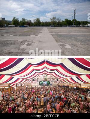 Stuttgart, Deutschland. April 2020. KOMBO - der Wasserpark in Stuttgart. Das Stuttgarter Frühlingsfest sollte am 18. April begonnen haben und wurde wegen der Corona Pandemie abgesagt. Die Wasengelände am 18. April 2020 (oben) und am 21. April 2018. Quelle: Marijan Murat/Sina Schuldt/dpa/Alamy Live News Stockfoto