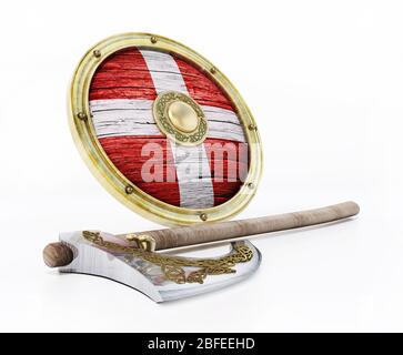 Wikinger Schild und Axt isoliert auf weißem Hintergrund. 3D-Darstellung. Stockfoto