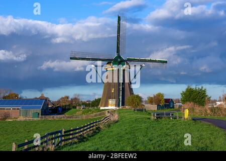Die historische Lisserpoel Windmühle wurde 1676 gebaut. Entlang des Flusses Ringvaart. Auf dem Rooversbroekdijk im Hellegatspolder in den Niederlanden. Stockfoto