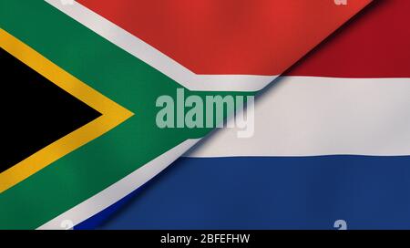 Zwei Staaten Flaggen von Südafrika und den Niederlanden. Qualitativ hochwertiger Hintergrund. 3d-Darstellung Stockfoto