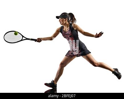 Eine junge Tennisspielerin asian Frau isoliert in Studiosilhouette auf weißem Brackground Stockfoto