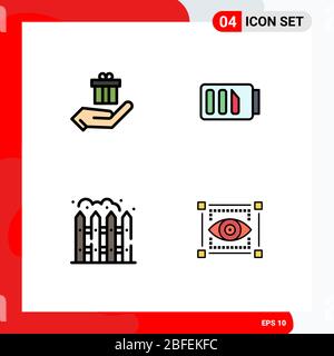Piktogramm Set von 4 einfachen Filledline flache Farben des Geschenks, Wohnen, E-Commerce, Elektrizität, visuell bearbeitbar Vektor Design-Elemente Stock Vektor